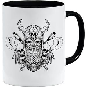 Viking029 Nordic Vikingmok, cadeau, cadeau-idee voor oude mannen, papa, opa, koffiemok, Vikingmotief, doodshoofd, bierpul thors hamer (VIKING029)