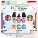 Stiften set - STABILO Pastellove Set - 35 stuks etui - Fineliner, premium viltstift, tekstmarkeerstift en grafietpotlood