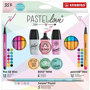 Stiften set - STABILO Pastellove Set - 35 stuks etui - Fineliner, premium viltstift, tekstmarkeerstift en grafietpotlood