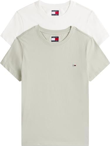 Tommy Jeans - Shirt - Pastelgroen/Wit - 2 Pack - Slanke Pasvorm - Kwartmouw