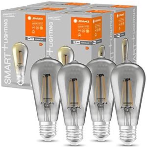 LEDVANCE Slimme LED-lamp met Wifi, E27-basis, Dimbaar, Warm wit (2500K), Edison-vorm, Heldere gloeidraad in gerookt glas, Vervanging voor 44W-lampen, Bedienbaar met Alexa, Google & App, 4-pak