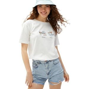 Koton Katoenen T-shirt met ronde hals en korte mouwen voor dames, ecru(010), XS
