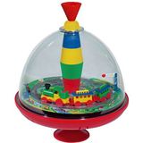 Lena 52120 tin toys 52301 - Doorzichtige draaitol met trein diametro 19 cm, kunststof bromtol, klassieke druktol, pomptol met locomotief, draaitol met voet, speelgoeddraaitol voor kinderen vanaf 18 maanden, meerkleurig