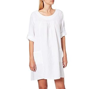 Bonamaison Dames korte ronde kraag jurk met zakken en lange verstelbare mouwen casual, Kleur: wit, 38 NL