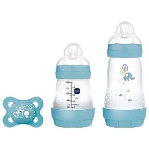 MAM Easy Start Anti-Colic Starter Set S, Baby Original met 2 Anti-Colic flessen (160 ml & 260 ml) incl. speen maat 1 en fopspeen, Baby Gift Set, vanaf de geboorte, blauw