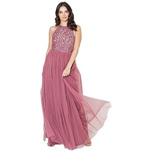 Maya Deluxe Vrouwen Dames Bruidsmeisje Maxi Jurk Halter Hals Pailletten Versierd Prom Graduation Wedding, Woestijnroos, 36