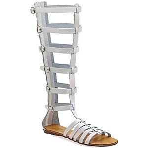 38 Wit Emmanuela Oude Griekse handgemaakte gladiatoren lederen sandalen, knie hoge sandalen met rugritssluiting op de schacht, platte zomerschoenen met riemen voor vrouwen