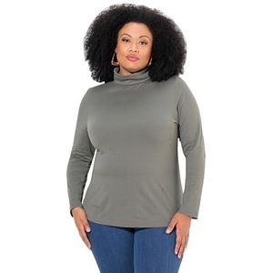 Ulla Popken Damesshirt, rolkraag, slim, lange mouwen, basic shirt, grijsgroen, 42-44