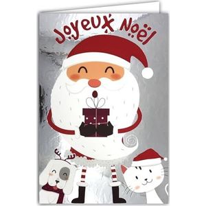 Kerstmankaart, vrolijk kerstfeest, glanzend, met witte envelop, formaat 12 x 17,5 cm, kattenhond, dieren, hoed, cadeau, winter, beste wensen voor kinderen, wijze, gemaakt in Frankrijk