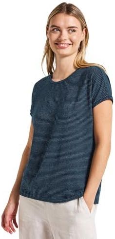 STREET ONE - Shirt - Tide Blue - Met Ronde Hals en Glinsterende Strepen