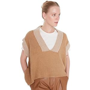 Trendyol Normaal gebreid vest, effen kleur, met V-hals, sweater, camel, L dames, Kameel., L