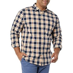 Amazon Essentials Regular-Fit Stretch Poplin overhemd met lange mouwen voor heren, marineblauw perzik geruit, S