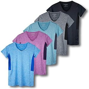 5-pack dames korte mouwen V-hals Activewear T-shirt Dry-Fit vochtafvoerend parfum yoga top (verkrijgbaar in grote maten), Set 4, L