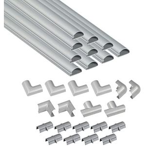 Multipack met 4 meter kabelgoten van D-Line, halfronde kabelgoten, kunnen worden geschilderd, zelfklevende snoerbeschermer – 10 x 30 mm (B) x 15 mm (H) x 40 cm lang en 19 accessoires – aluminiumeffect