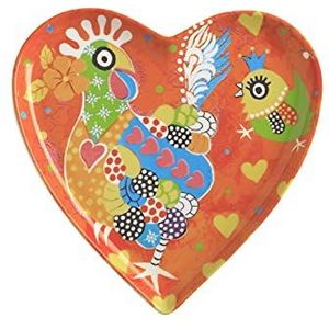 Maxwell & Williams Love Hearts Hartvormig Ontbijtbord met Dansende Kippenmotief, Porseleinen Gebaksbordje in Geschenkverpakking, Oranje, 15,5 Centimeter