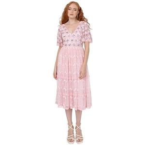 Maya Deluxe Dames Dames Midi Jurk Korte Angel Sleeves V-hals A-lijn Sequin Versierd Bloemen Tulle Lace Wedding Guest Prom Ballettroze 50, Ballet pink, 50