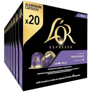 L'OR Espresso Koffiecups Lungo Profondo (200 Lungo Koffie Capsules - Geschikt voor Nespresso* Koffiemachines - Intensiteit 08/12 - 100% Arabica Koffie - UTZ Gecertificeerd) - 10 x 20 Cups