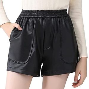 Everbellus Womens casual wijde pijpen shorts hoge taille PU faux lederen shorts zwart groot, Zwart, L