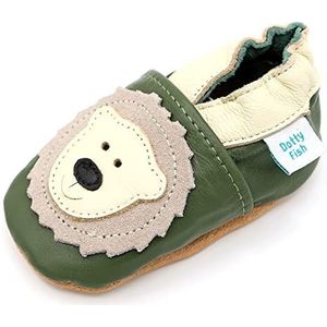 Dotty Fish zachte lederen babyschoenen. Antislip peuterschoenen. Jongens en meisjes. Kaki groene beer. 3-4 jaar.