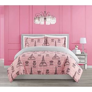 Juicy Couture – Dekbedovertrek | Juicy in Paris Bonjour Eiffeltoren Design Dekbedovertrek | Queen Size | 3-delige set inclusief 1 quilt en 2 shams | 100% polyester | omkeerbaar | roze, zwart en grijs