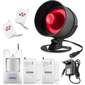 KERUI Draadloos huisalarmsysteem, inbraakalarmsysteem, kit met 115 dB alarm, werkt met garage, huis, magazijn (1 sirenehoorn, 2 deuralarm, 2 afstandsbediening, 1 bewegingssensor)