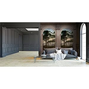 Livingwalls Vliesbehang - behang Mediterraan landschap raam in grijs, groen en beige - wandbehang voor verschillende ruimtes - wandafbeelding XXL 159 x 280 cm