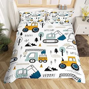 Loussiesd Cartoon Auto Kids Beddengoed Set Bouw Dekbedovertrek voor Geschenkdozen Kerst Decor Apparatuur Vrachtwagens Comter Graafmachine Tractor Wit Geel Sprei Slaapkamer Single 2 Stks