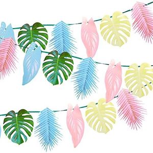 Vlaggenlijn met tropische palmbladeren en pastelkleurige bladeren - 2.6m | Herbruikbare Hawaiiaanse feestdecoraties voor verjaardag, tuinfeest, zomer, Luau, jungle-thema