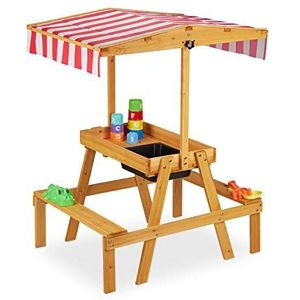 Relaxdays picknicktafel kinderen, speeltafel met banken, overkapping, buiten, kindertafel HBD 110 x 65 x 83 cm, naturel