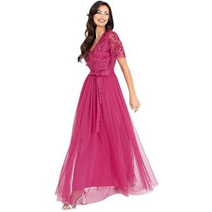 Womens maxi jurk dames baljurk voor bruiloft gast verfraaid stropdas taille V-hals bruidsmeisje prom avond gelegenheid fuchsia maat 22 UK, Fuchsia, 48