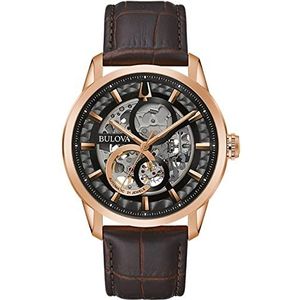 Bulova Heren analoog mechanisch horloge met lederen armband 97A169, bruin, Riemen.