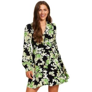 Liquorish Dames groene bloemenprint mini-wikkeljurk met lange mouwen in zwarte cocktail, Meerkleurig, 36