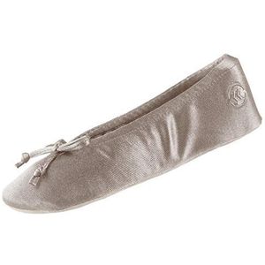 Isotoner Ballerina Slippers for Women – Soft Satin House Shoes with Bow and Suede Sole – Classic Comfy Travel and Bedroom Slippers – Cute Bridal Party Slippers, Sand Trap Soft Tie Bow, 5-6