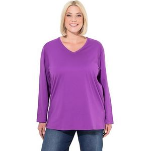 Ulla Popken Dames grote maten plus size shirt, V-hals, relaxed, lange mouwen, lila, 66-68