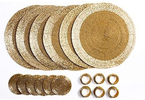 Penguin Home Onderzetters Met Glazen Kralen, Servet ringen en ronde placemats 18-delig Set, Goud