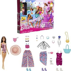 Barbie Pop en Adventskalender, 24 verrassende outfits en accessoires, zoals een zwempak, jurk, hoed en kitten, HKB09