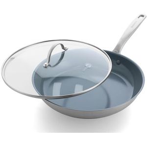 GreenPan Treviso Roestvrij Staal Gezond Keramisch Non stick 30 cm Koekenpan Pan met Deksel, PFAS-Vrij, Gehard, Inductie, Ovenbestendig, Vaatwasmachinebestendig, Grijs