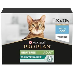 Purina Pro Plan Natvoer voor katten, gesteriliseerd, voor volwassenen, terrine kabeljauw, 4 verpakkingen à 10 zakjes à 75 g