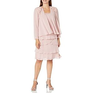 S.L. Fashions Women's Mother of The Bride Tiered Jacket Dress with Shoulder Embellishment Regular Sizes, Faded Rose, 14 Petite