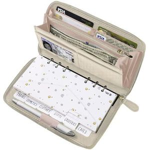 Cash-envelop portemonnee beige alles-in-één budgetsysteem RFID-blokkering met 12x geldenveloppen met tabbladen, 12x maandelijkse budgetkaarten, 1x jaarlijkse budgetplanner, blad, complete