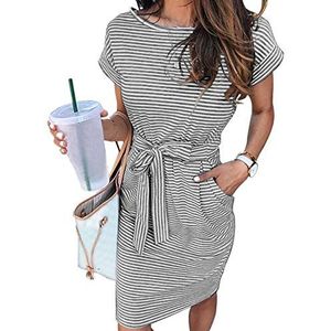 MEROKEETY Dames zomer gestreepte korte mouwen T-shirt jurk casual stropdas taille met zakken, Donkergrijs, M