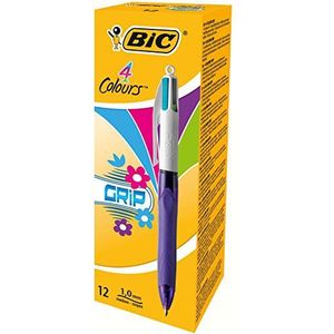 BIC 4-kleurige balpen 4 kleuren Grip Fun – meerdere balpen in turquoise blauw, roze, paars en lichtgroen – set met 12 vierkleurpotloden