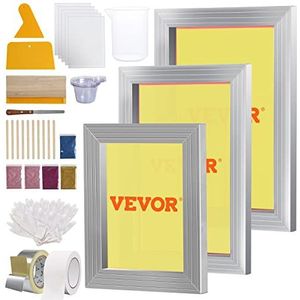 VEVOR Zeefdruk Kit, 3 stuks aluminium zeefdruk frames 6x10/8x12/10x14 inch 110 Count Mesh, 5 Glitters en zeefdruk zuigers en transparantie films voor T-shirts DIY afdrukken