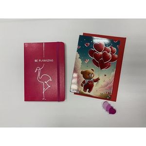 Imagicom"" Valentijnsdagset: flamingo fuchsia notitieboek met liefdesbeer, wenskaart en hartjes gratis.