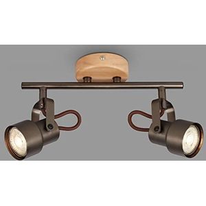 BRILONER - LED plafondlamp retro met hout, 2-lamps plafondlamp vintage, warm witte kleurtemperatuur, verstelbare LED-spot, rustieke plafondspot, grijs-hout