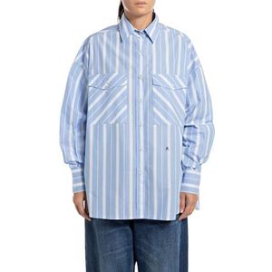 Replay Dames relaxed fit blouse katoen, 010 wit/blauw/zwart, XL