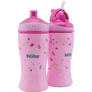 Nuby - Dubbelpack no-spill Flip-It Drinkfles met rietje 360ml + Pop-Up Drinkfles 360ml voor kinderen - Zonder BPA - Roze - 360 ml - 12+ maand & 18+ maand