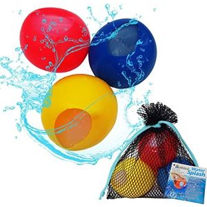 alldoro 63038 Water Splash 3-delige set waterbommen Ø 6 cm, waterballonnen herbruikbaar en zelfsluitend, waterballon voor tuin en strand, kinderen vanaf 3 jaar en volwassenen, geel/rood/blauw in net