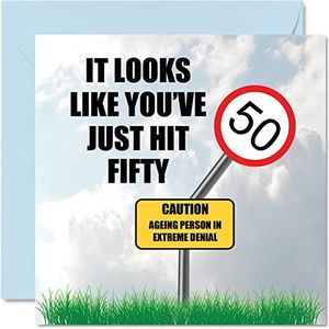 Grappige 50e verjaardagskaarten voor mannen en vrouwen - Just Hit Fifty - Happy Birthday Card voor papa mama broer zus oppas oma oom tante, 145 mm x 145 mm Banter Joke Bday wenskaarten