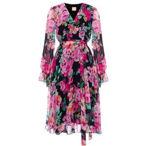 Swingzwarte luchtige midi-jurk met lange mouwen met kleurrijke bloemen | maat 36, Meerkleurig, 36